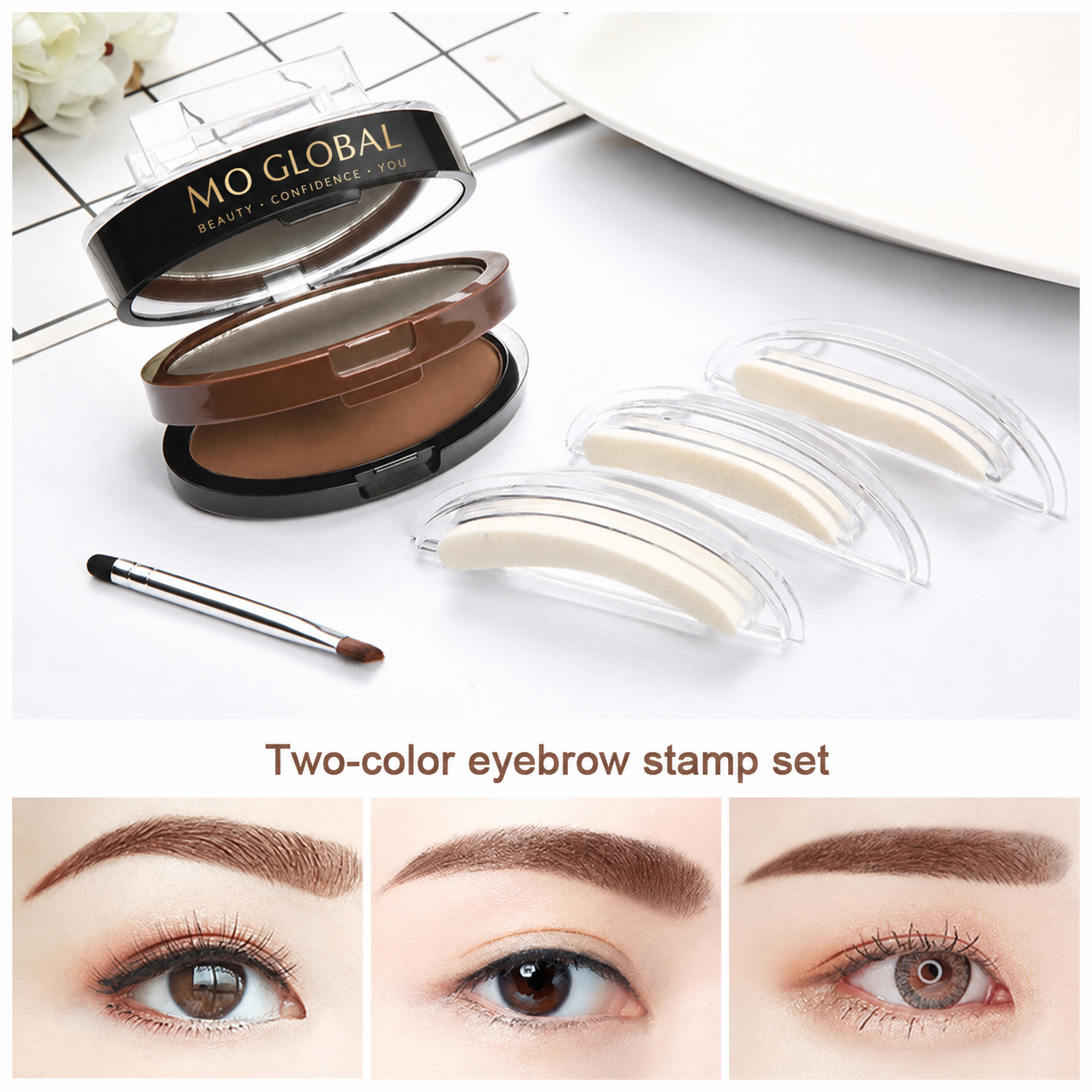 Double Seal Eyebrow Stamp Powder Kit Natural Brow Shaping Stencil Waterproof Long Lasting Brow Enhancer Makeup Tool for Women