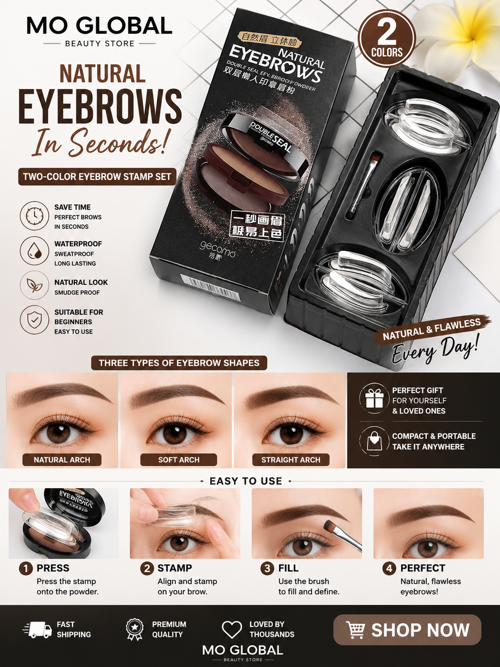 Double Seal Eyebrow Stamp Powder Kit Natural Brow Shaping Stencil Waterproof Long Lasting Brow Enhancer Makeup Tool for Women