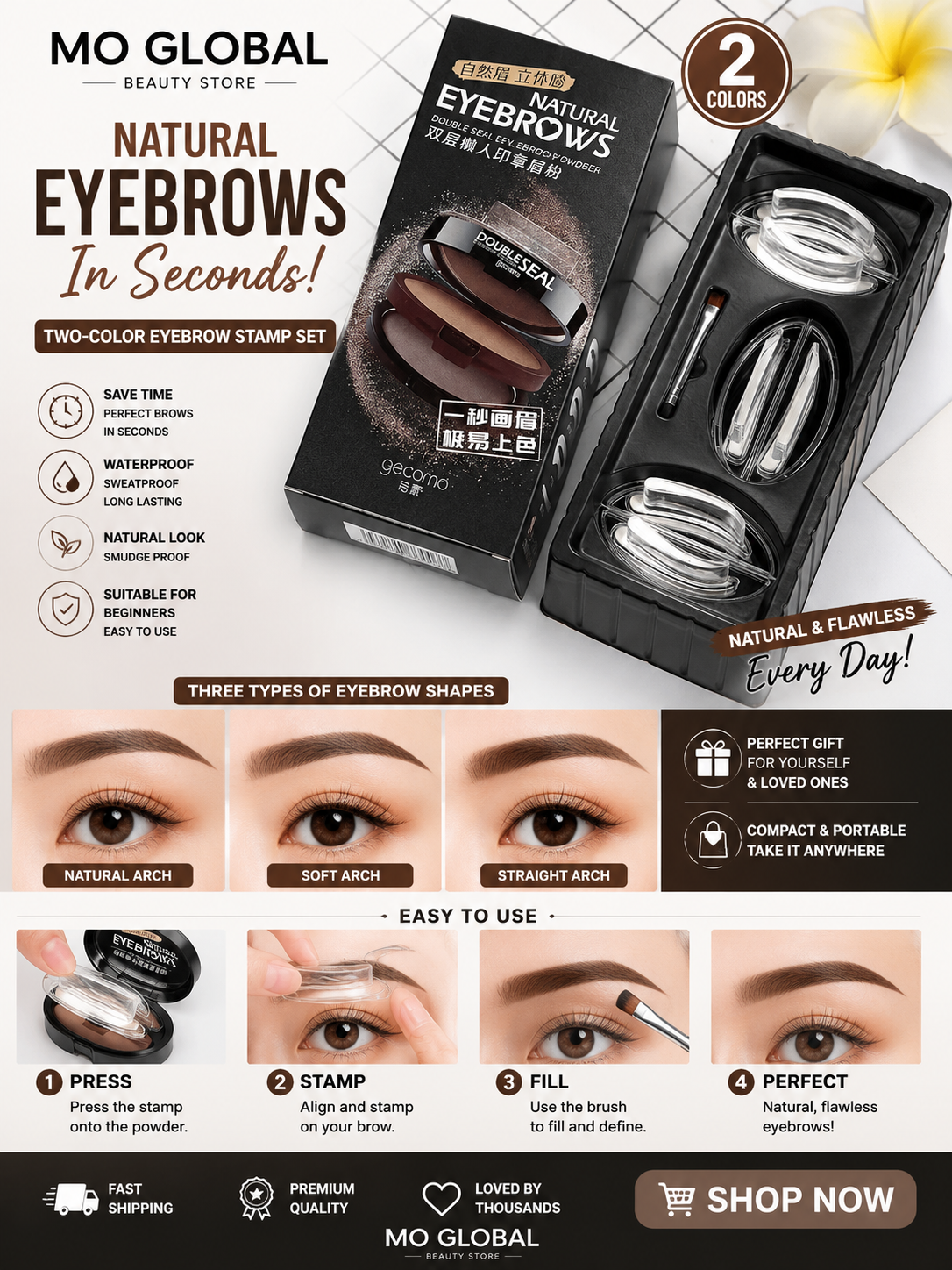 Double Seal Eyebrow Stamp Powder Kit Natural Brow Shaping Stencil Waterproof Long Lasting Brow Enhancer Makeup Tool for Women